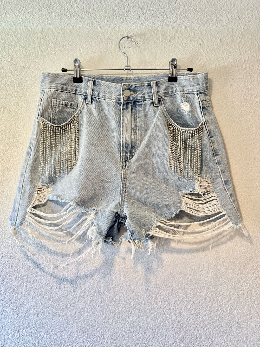 CIDER Rhinestone Fringe Distressed Denim Shorts